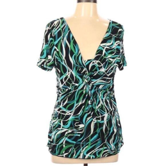 Marc Bouwer Womens V-Neck Knot Front Top Green & Blue Abstract Print M - Picture 2 of 5